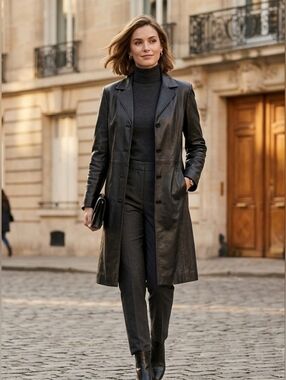 DC Collections Vintage Y2K Black Mid-length Button Up Leather Jacket Size M